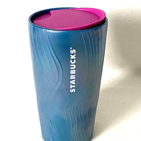 Starbucks 2022  12oz Mug Iridescent Blue Purple Wave Twist Open Lid Coffee Tea - Picture 2 of 16